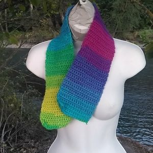 Hand Knit Rainbow Scarf 5" Wide 30" Long